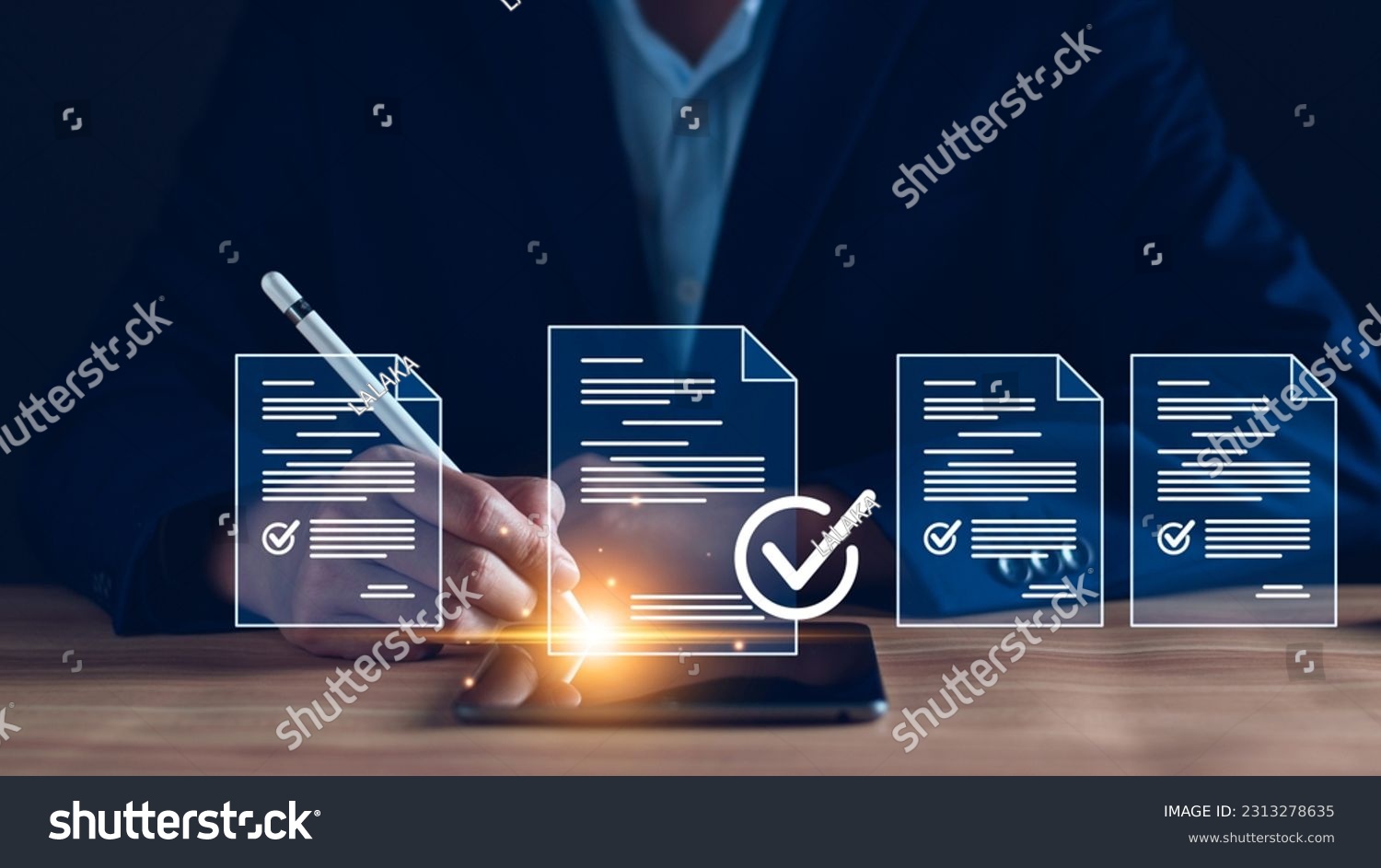 Manager is verifying the validity, security, approving requests, quality assurance, investment contracts. Online digital document work, paperless office. online survey. Checking mark up on check boxes #2313278635