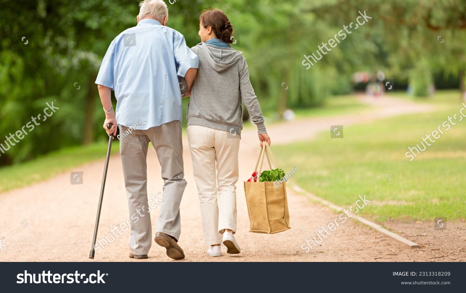 Humanity. Someone carrying grocery with an old man along roadside having stick for walking in his hand.  #2313318209