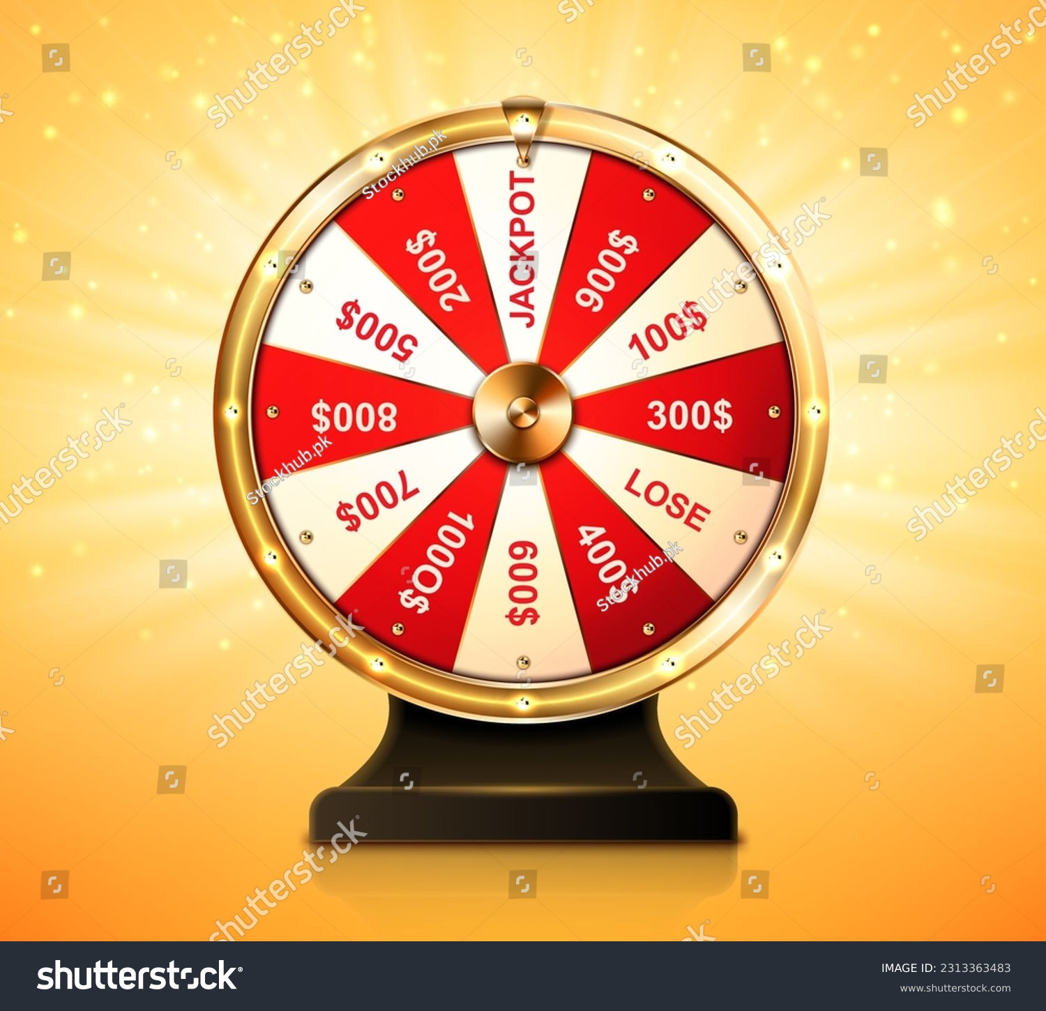 Golden wheel of fortune for lottery game or casino. Chance to win prize in lucky roulette. Vector realistic illustration of gold fortune wheel with money numbers and jackpot on shiny background #2313363483