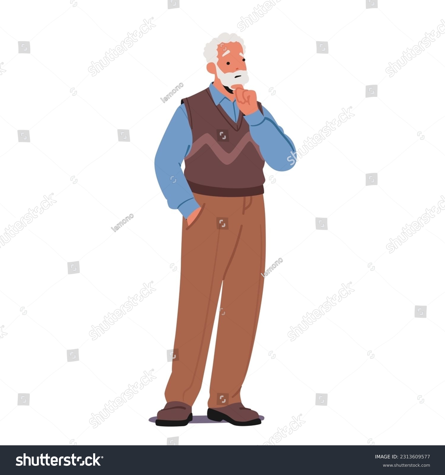 Thoughtful Elderly Gentleman Thinking, Old Male Character Deep In Contemplation, With A Hint Of Nostalgia And Experience Etched On His Face, Pensive Grandfather. Cartoon People Vector Illustration #2313609577