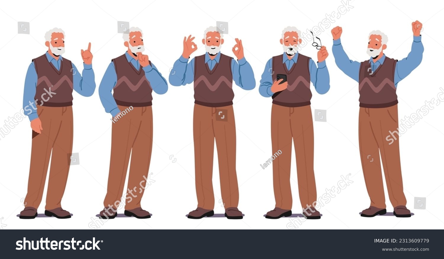 Senior Man Character Displays A Range Of Emotions, Wisdom, Joy, Resilience, Contentment, Contemplation, Through His Expressive Facial Expressions And Body Language. Cartoon People Vector Illustration #2313609779