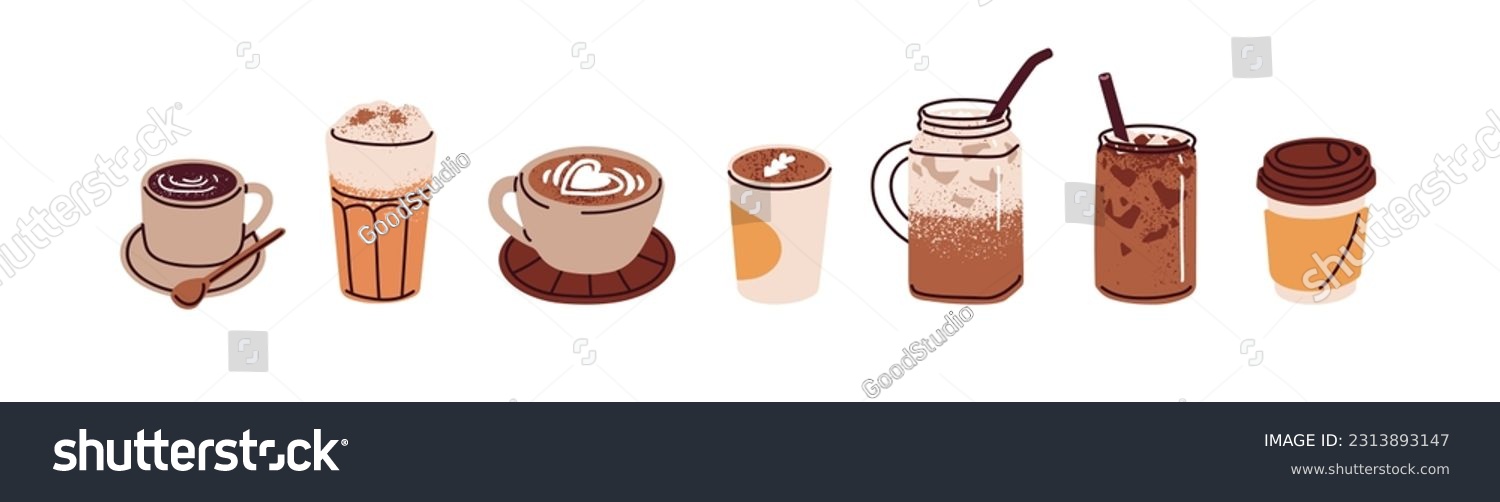 Hot and cold coffee beverage. Different types of drinks set. Espresso, americano cup, cappuccino and latte in paper mug, iced macchiato in glass. Flat vector illustrations isolated on white background #2313893147