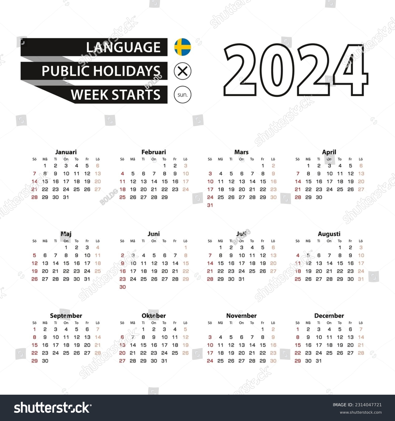 2024 calendar in Swedish language, week starts Royalty Free Stock