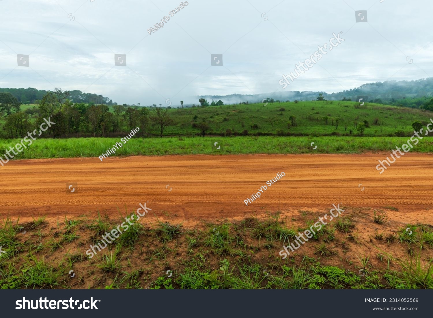 Side view of gravel road in countryside with meadow #2314052569