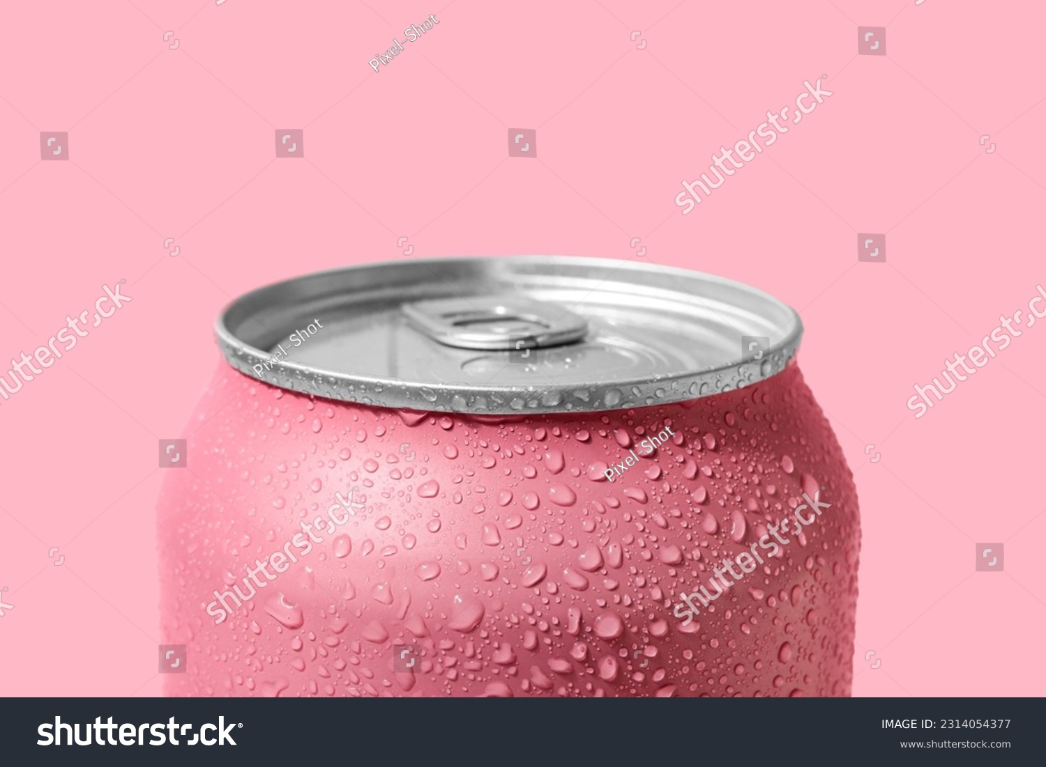 Can of fresh soda with water drops on pink background, closeup #2314054377