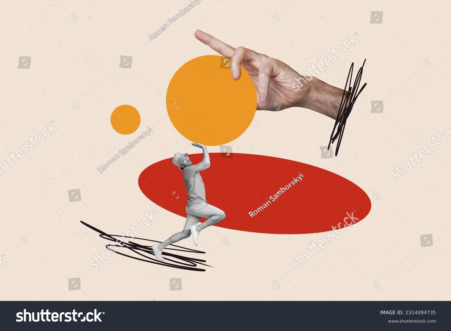 Collage picture of positive mini black white colors guy resist huge arm hold heavy ball isolated on painted white background #2314094735
