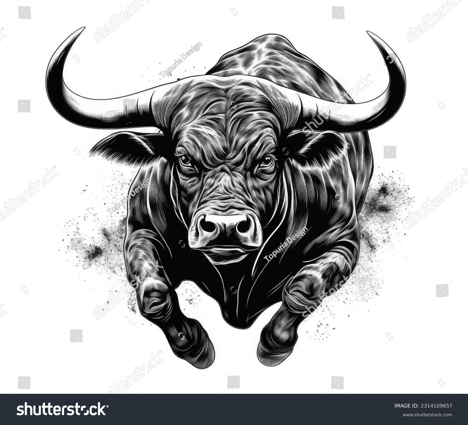 Furious raging black bull, with big horns, sketch style vector illustration for poster or tshirt design, isolated on white background. #2314109657