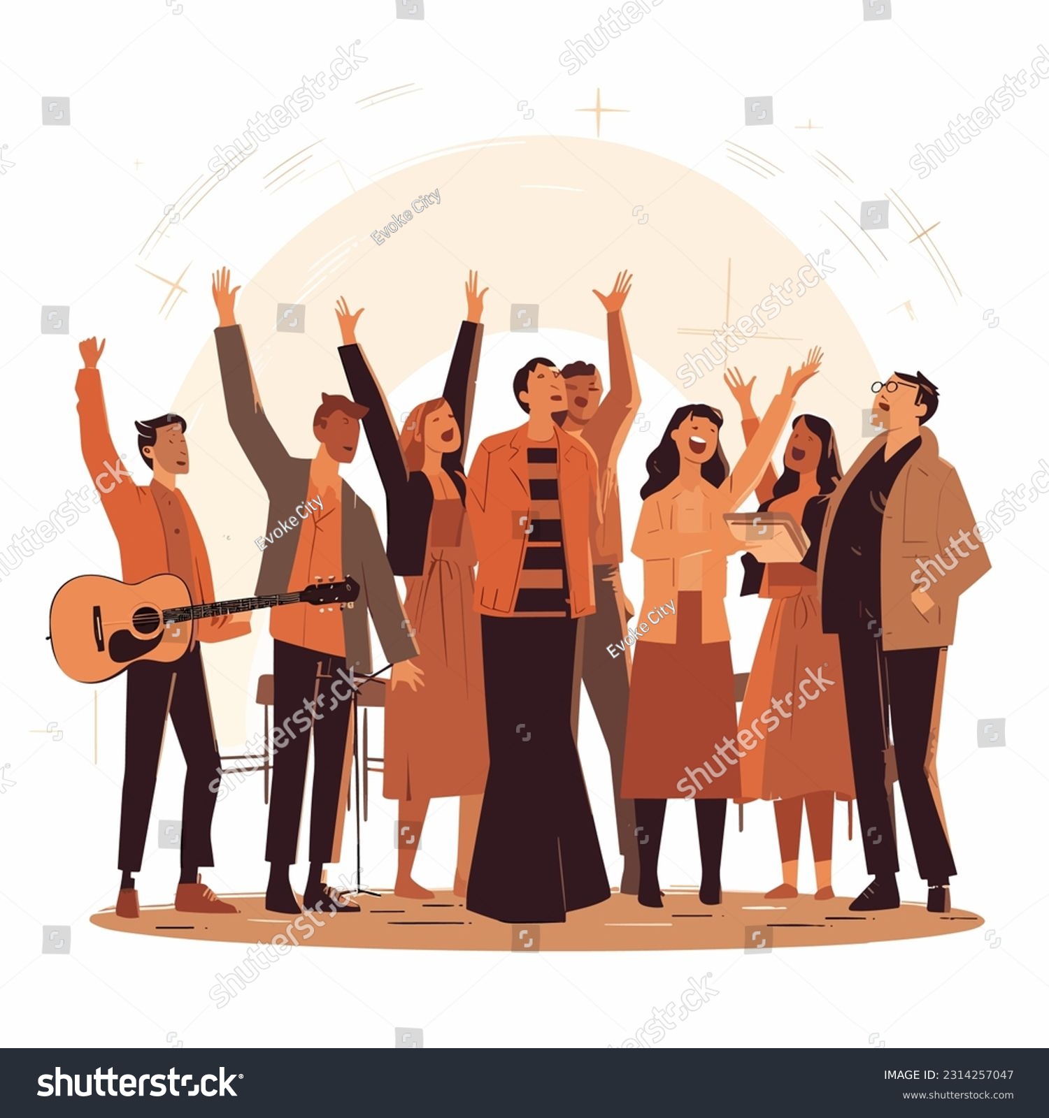 Christian worship young people silhouette lifting hand vector illustration #2314257047