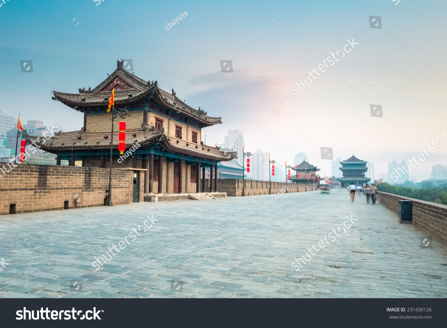 beautiful xian city wall and ancient tower at dusk , China  #231430126