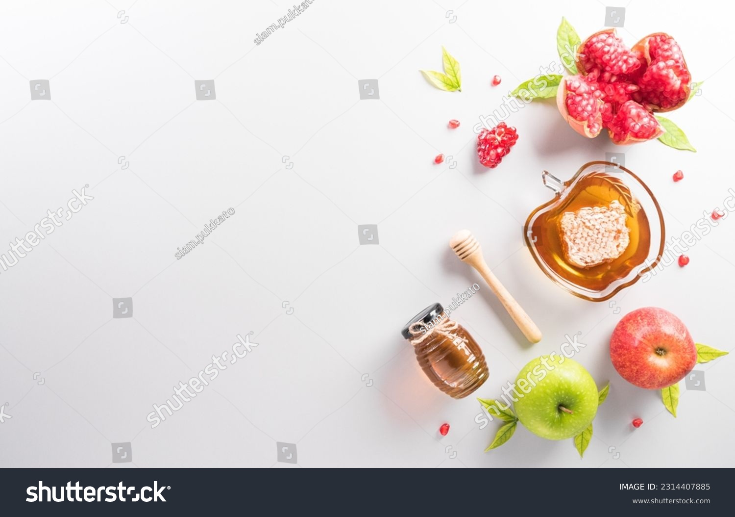 Rosh hashanah (jewish New Year holiday), Concept of traditional or religion symbols on white background. #2314407885
