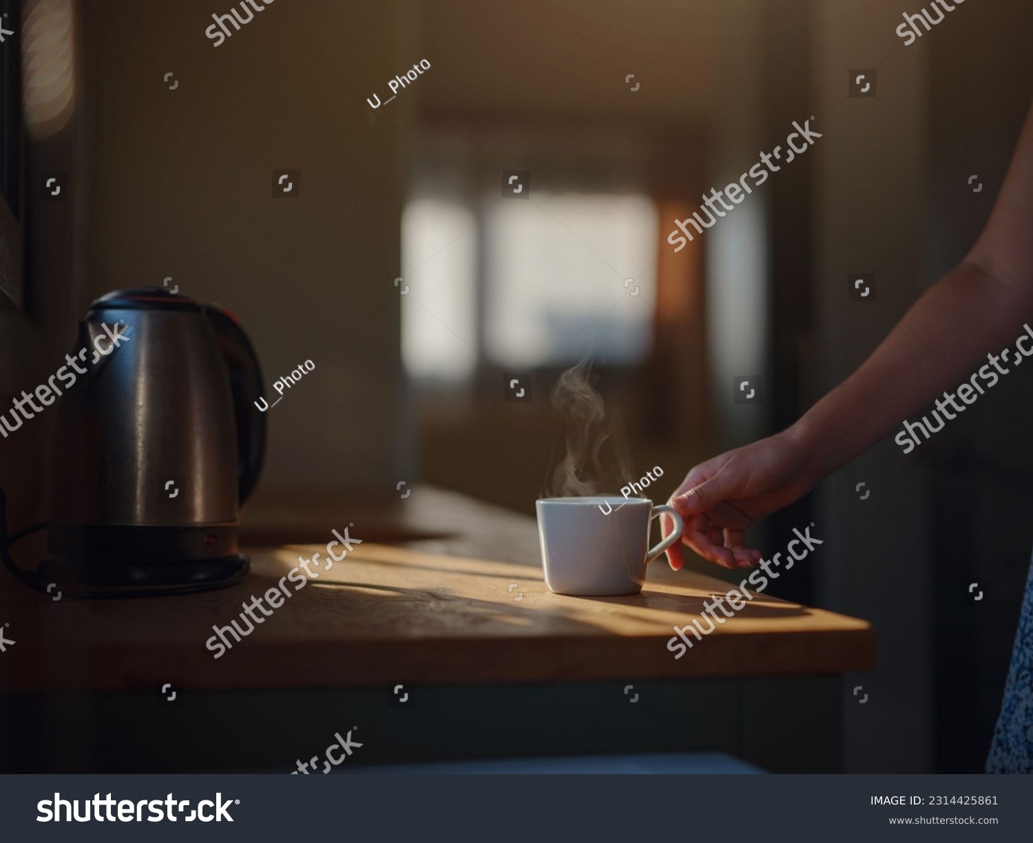 Woman is drinking coffee , morning routine. Tiny house. First property. Small apartment interior design. Minimalism. Moving in. Living alone. Charming trailer house with the morning sun #2314425861