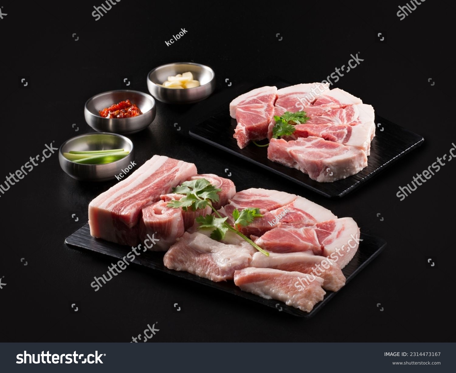 Korean bbq, raw pork and beef dish on the table #2314473167