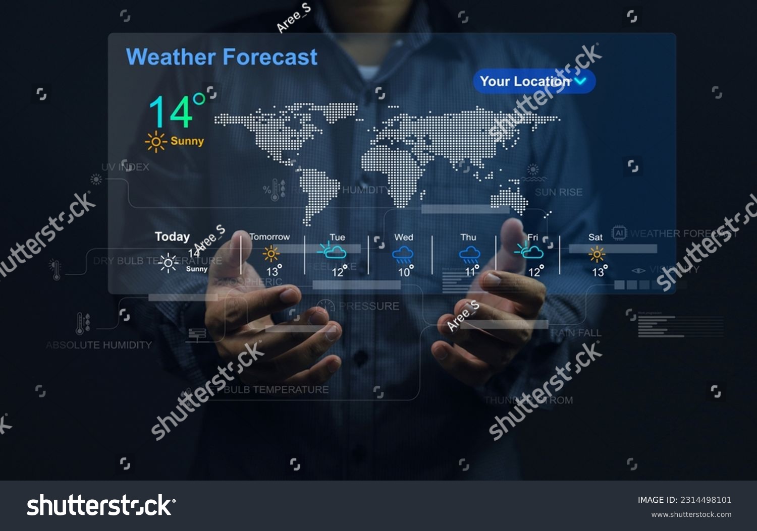 The user's hand check the weather forecast on screen checking the weather during the day, such as temperature, wet dry bulb absulute humidity, relative, atmospheric pressure, UV index and rain fall. #2314498101