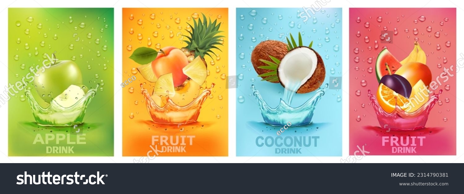 Fresh fruits drink splashing together- pear, apple, plum, apricot, cococnut, mango, pinrapple, banana, orangre juice drink splashing. 3d fresh fruit. Vector illustration #2314790381