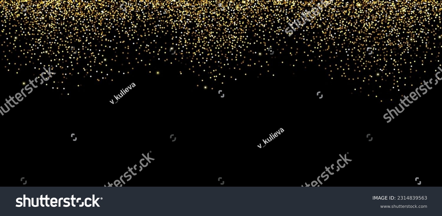 Golden falling confetti on dark background. Repeating gold glitter pattern. Yellow and golden dots wallpaper. Celebration party decoration. Vector backdrop  #2314839563