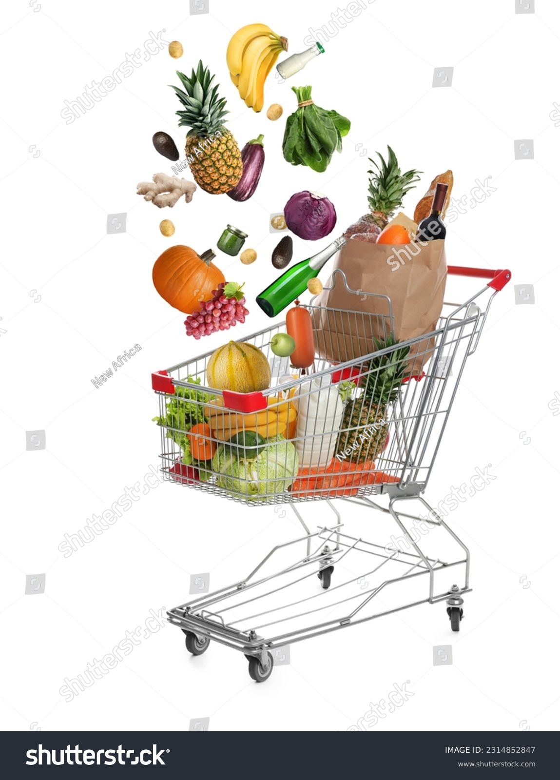 Market assortment. Different products falling into shopping cart on white background #2314852847