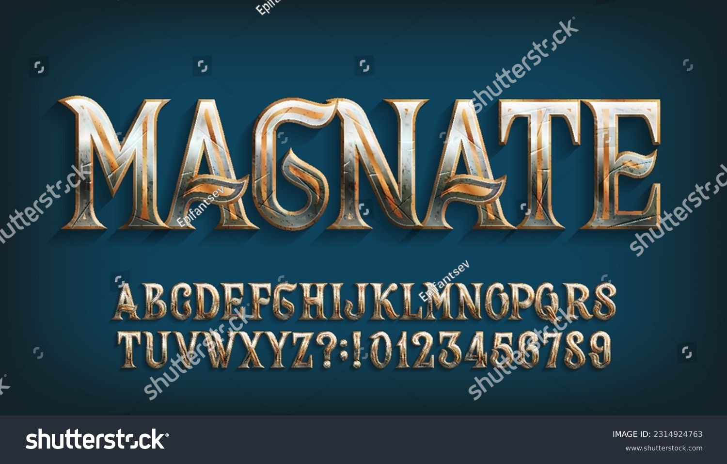 Magnate alphabet font. Damaged ornate metal letters and numbers. Stock vector typescript for your typography design. #2314924763