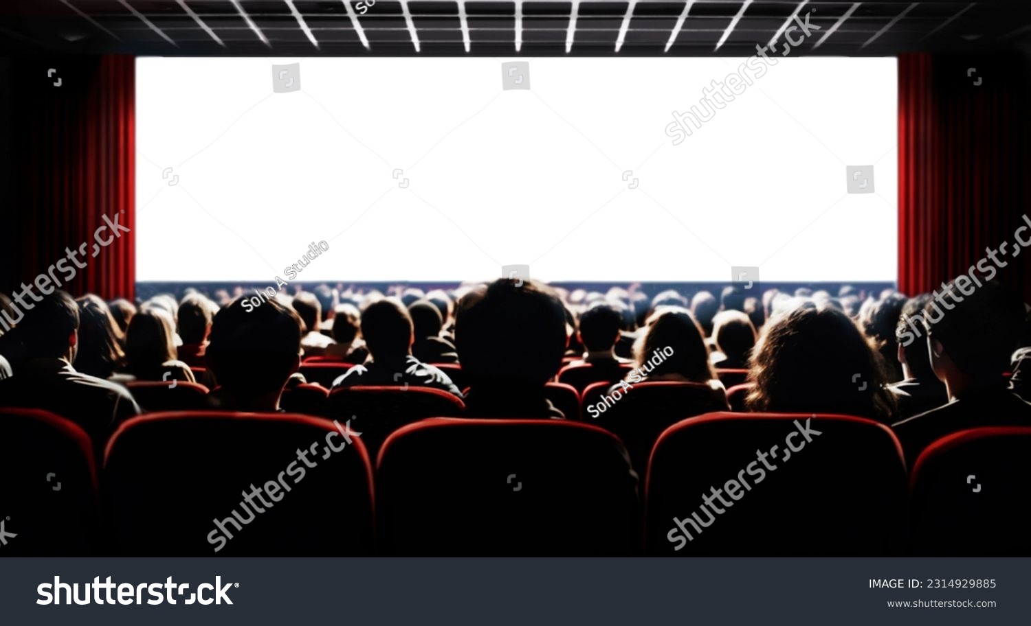 Cinema blank wide screen and people in red chairs in the cinema hall. Blurred People silhouettes watching movie performance. #2314929885