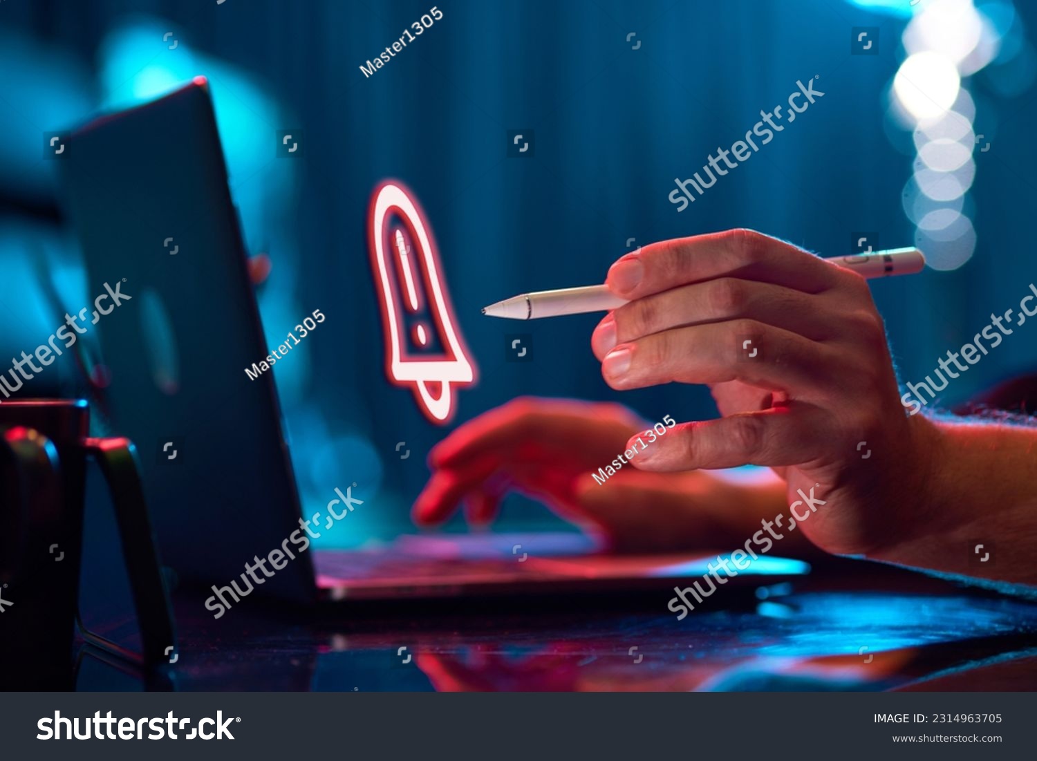 Businessman working on laptop. Digital, holographic icon of notification. Programming. Concept of business, modern technologies, network, digitalization #2314963705