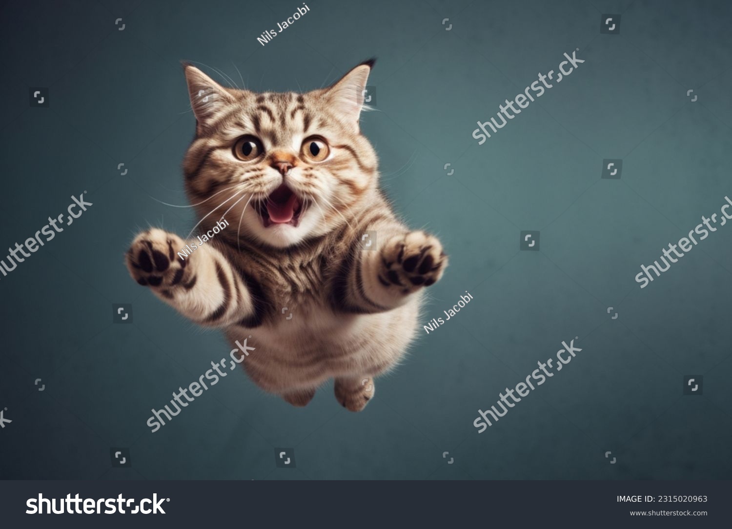 funny cat flying. photo of a playful tabby cat jumping mid-air looking at camera. background with copy space #2315020963