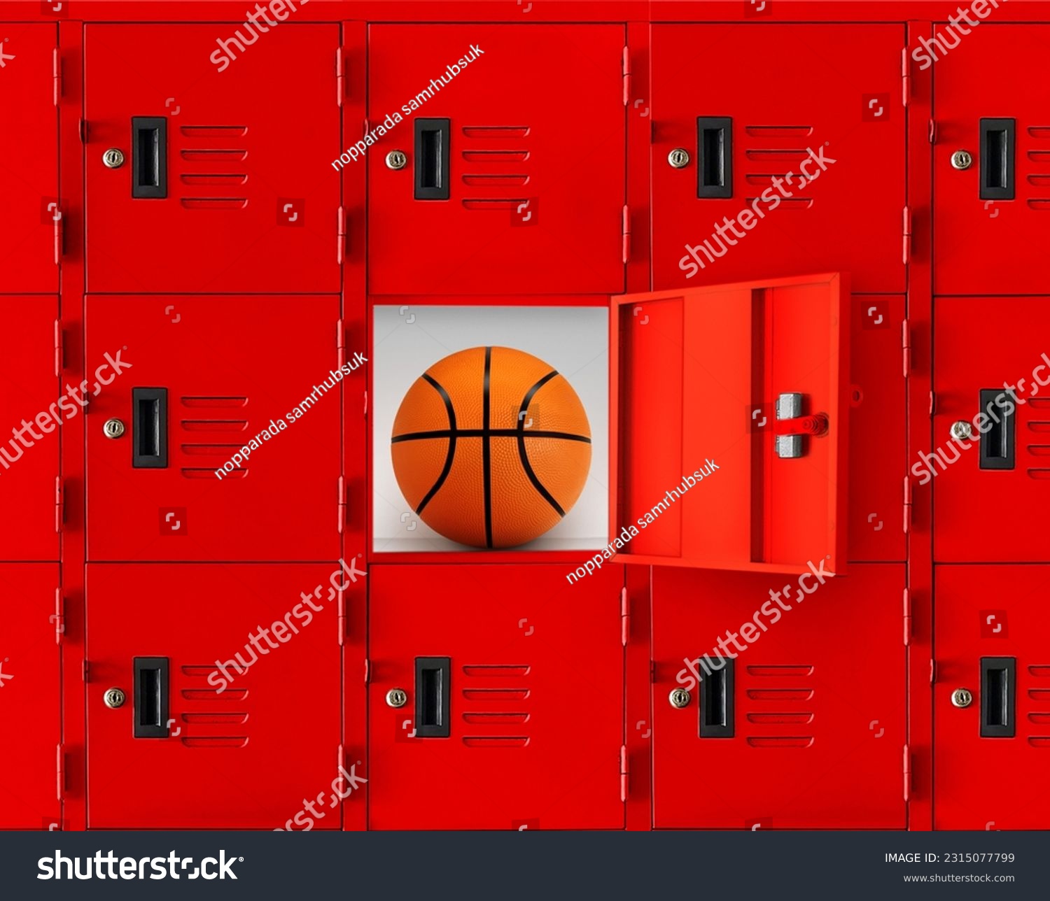 Basketball in a red locker or an open gym locker. #2315077799