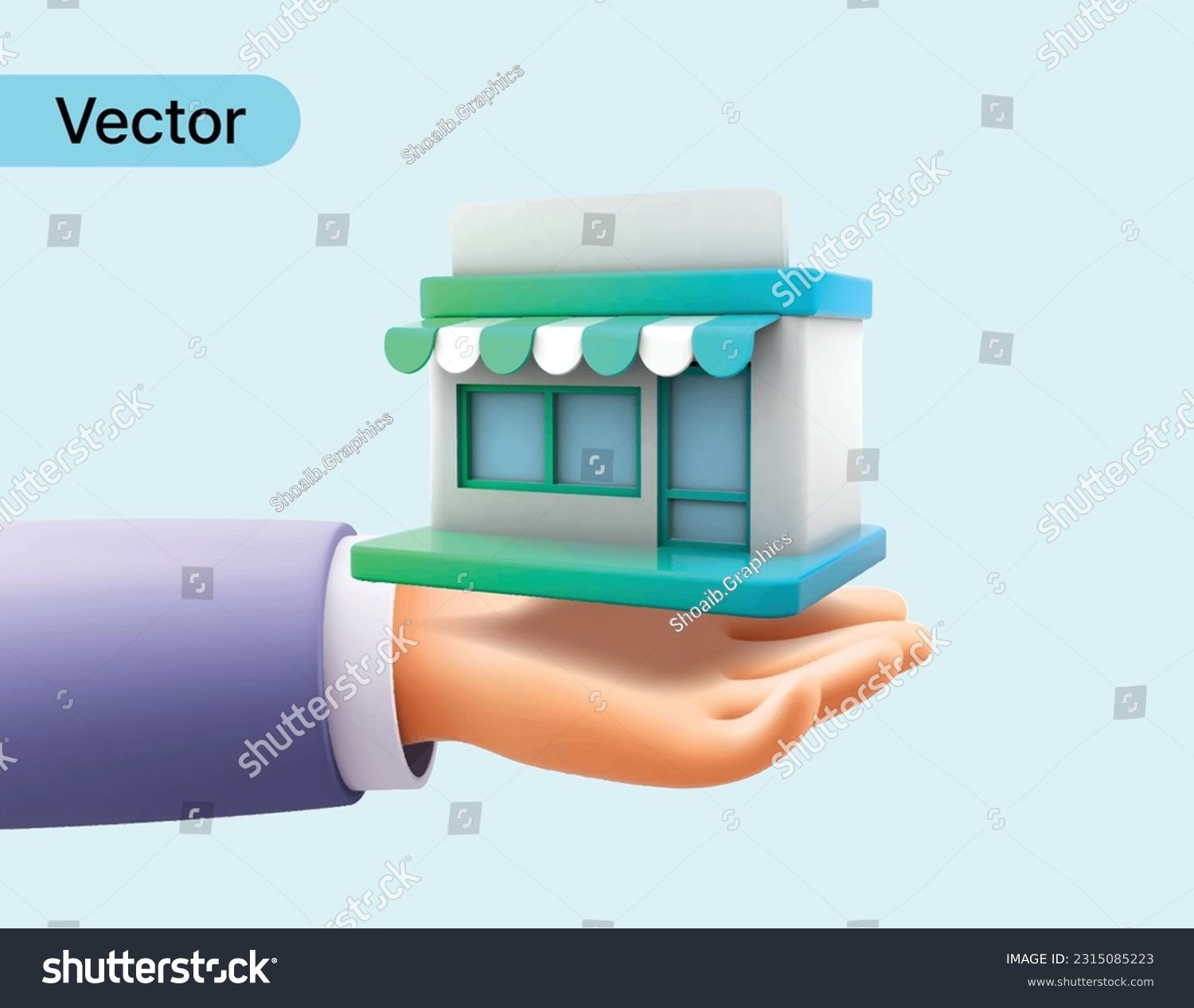 3D Hand holding Store building. Shop rental or sale. Online shopping concept. Business and commerce. Realtor for buyers. Creative minimal design isolated on blue and white background. 3D vector #2315085223