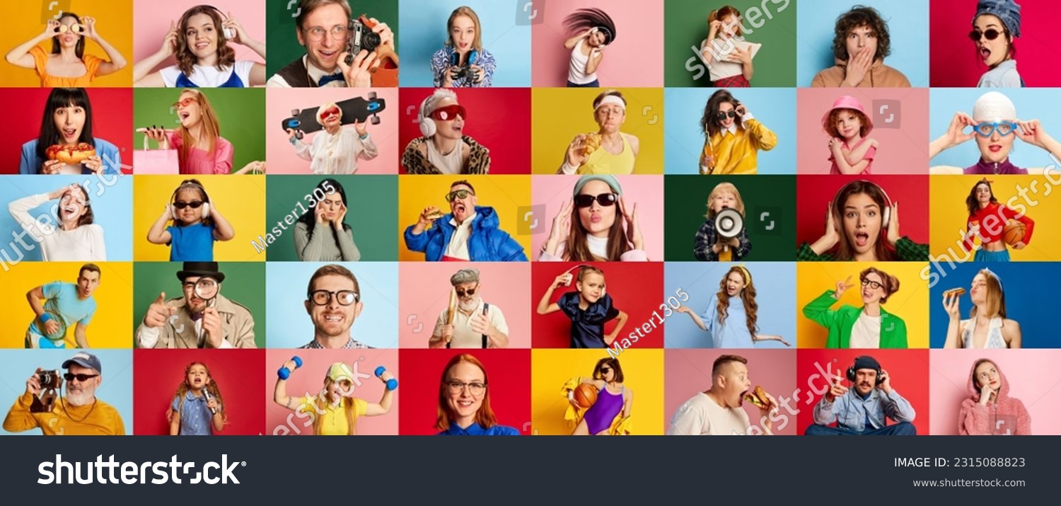Collage made of portraits of people of different age and gender showing diversity of emotions over multicolored background. Concept of human emotions, youth, lifestyle, facial expression. Ad #2315088823