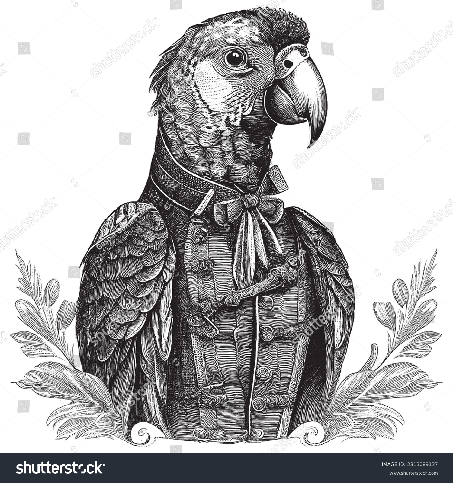 Hand Drawn Engraving Pen and Ink Parrot Portrait Dressed in Victorian Era Vintage Vintage Vector Illustration #2315089137
