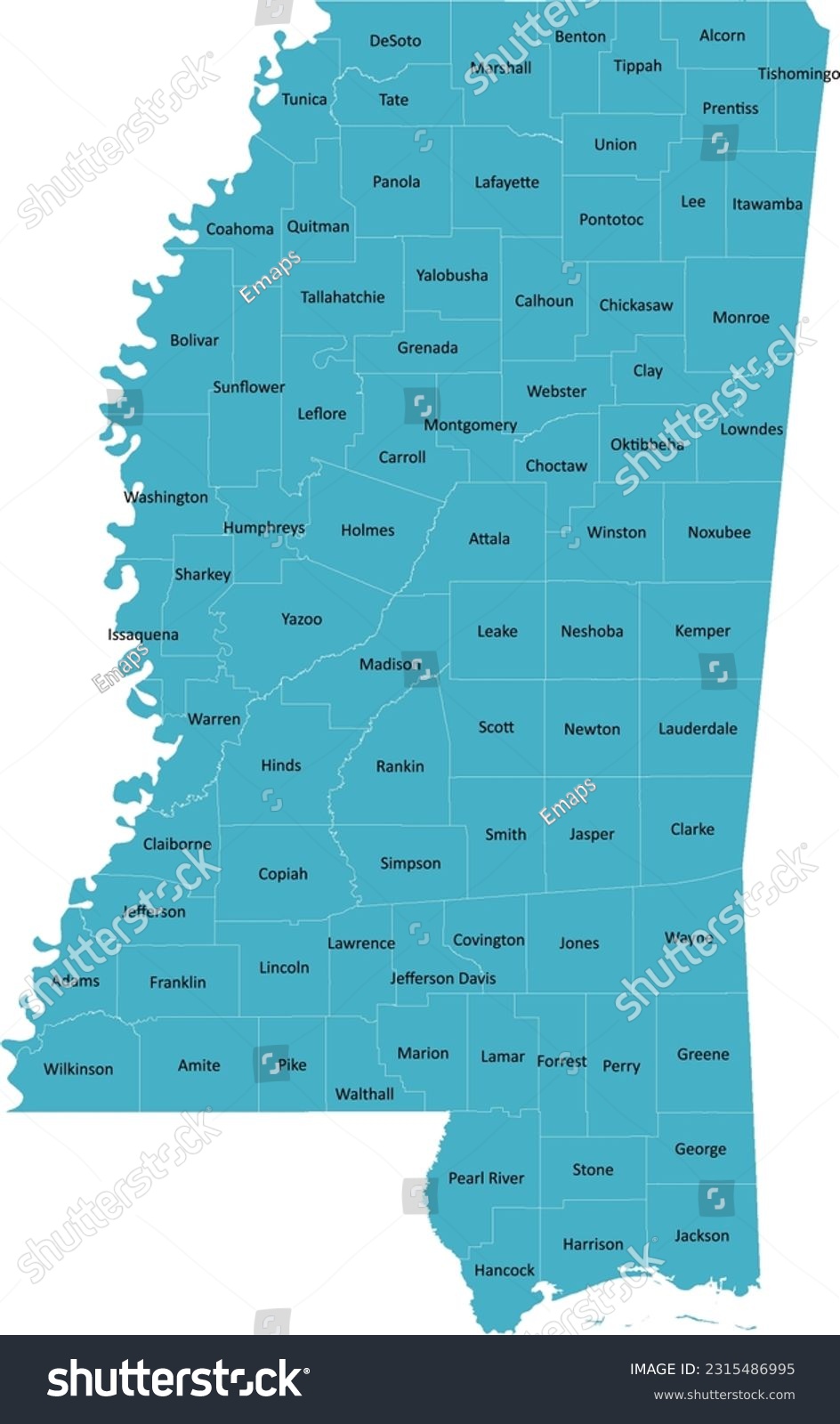 US Mississippi county map with 82 Counties’ - Royalty Free Stock Vector ...