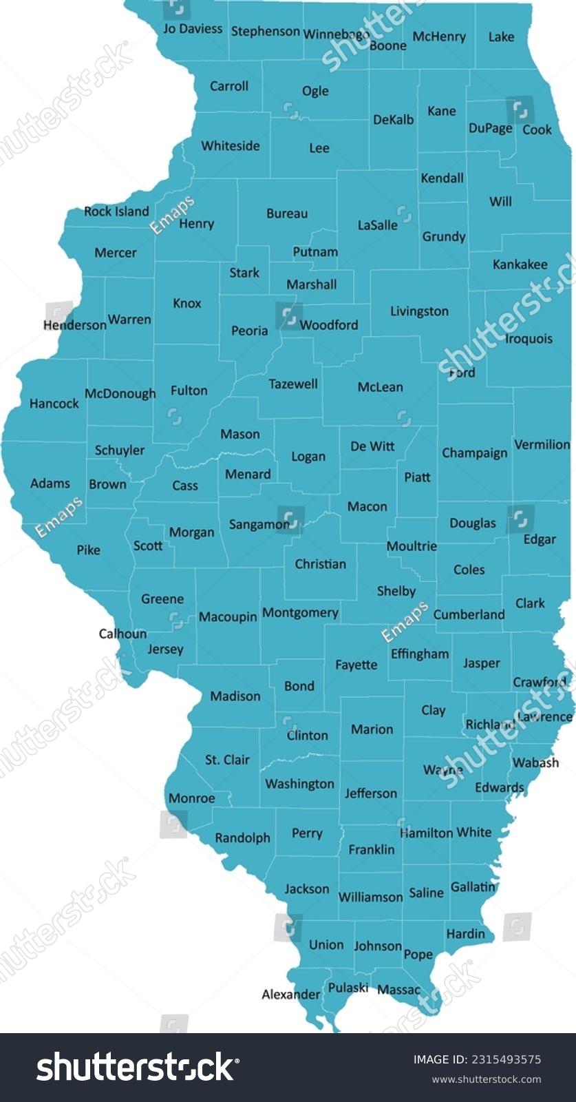US Illinois county map with 102 Counties’ Names and Boundaries, all text in one layer could be hidden. #2315493575