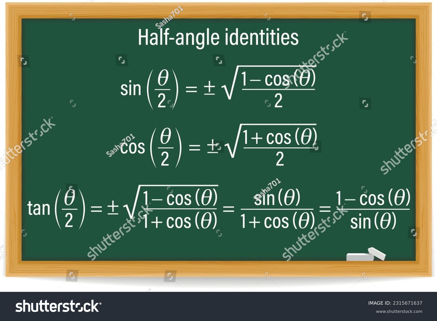 Half Angle Identities Trigonometry Formula On A Royalty Free Stock Vector 2315671637