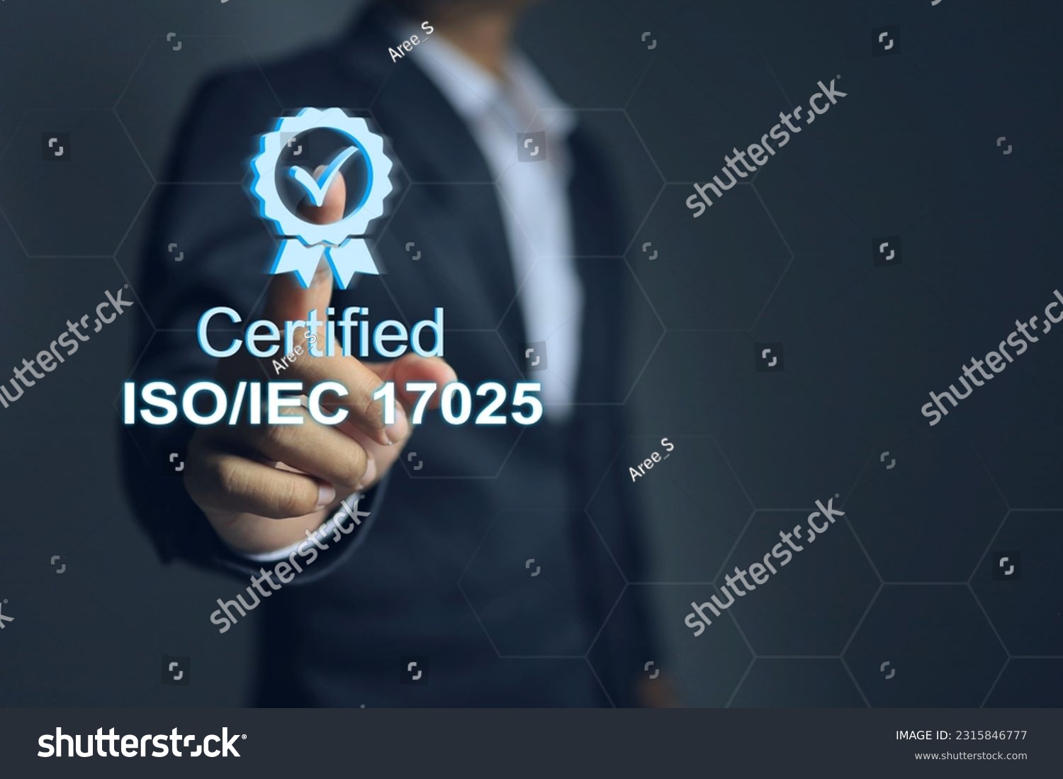 A businessman pointing on certified mark of ISO IEC 17025, which is the standard of international quality association laboratory accreditations management system. #2315846777