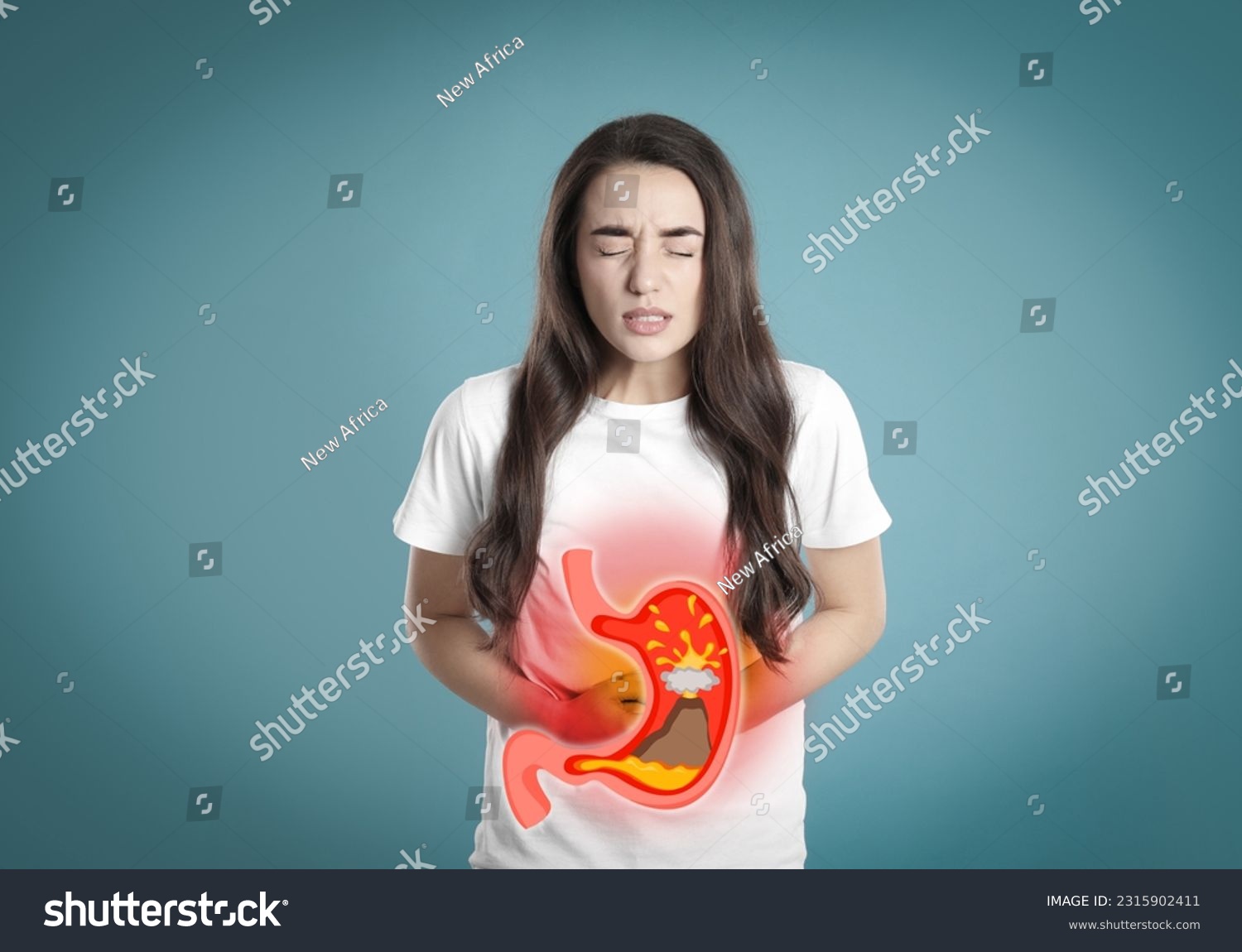 Woman suffering from heartburn on turquoise background. Stomach with erupting volcano symbolizing acid indigestion, illustration #2315902411
