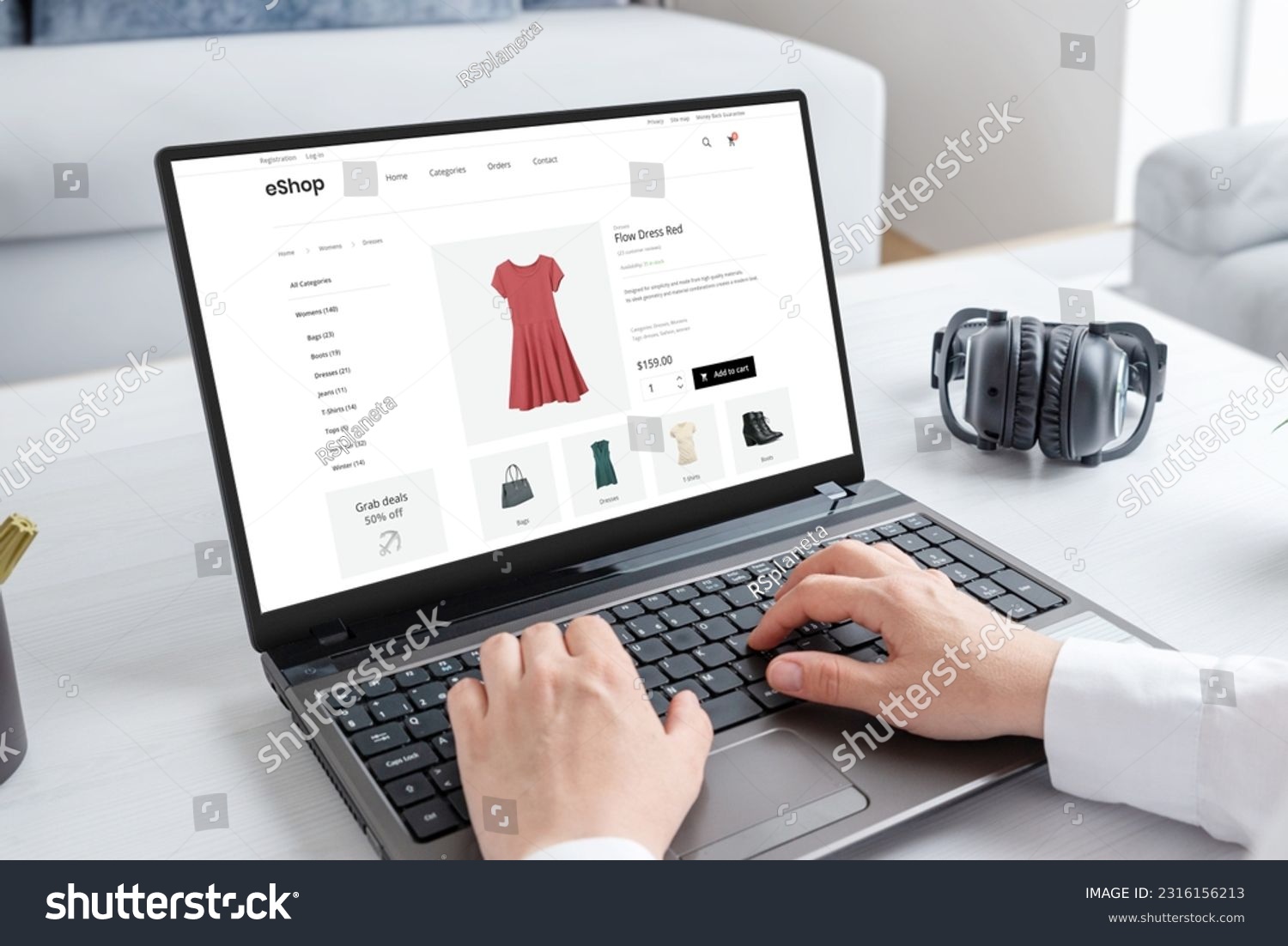 Woman purchasing a stunning red dress online with laptop computer. Modern ecommerce web page interface #2316156213