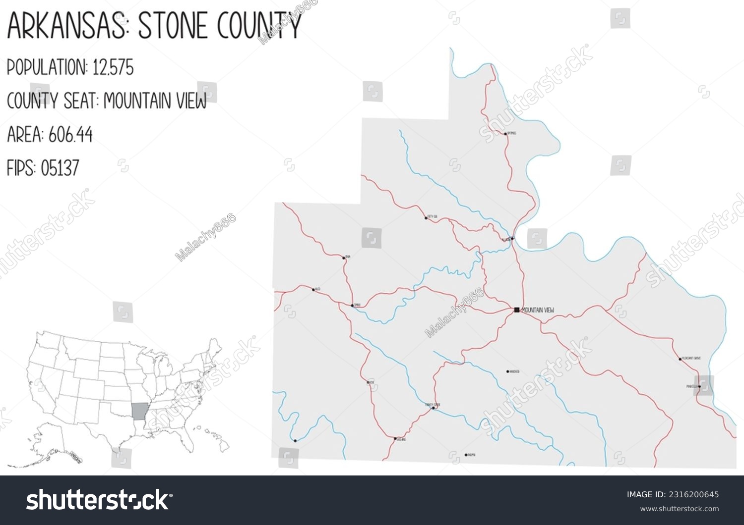 Large and detailed map of Stone County in - Royalty Free Stock Vector ...