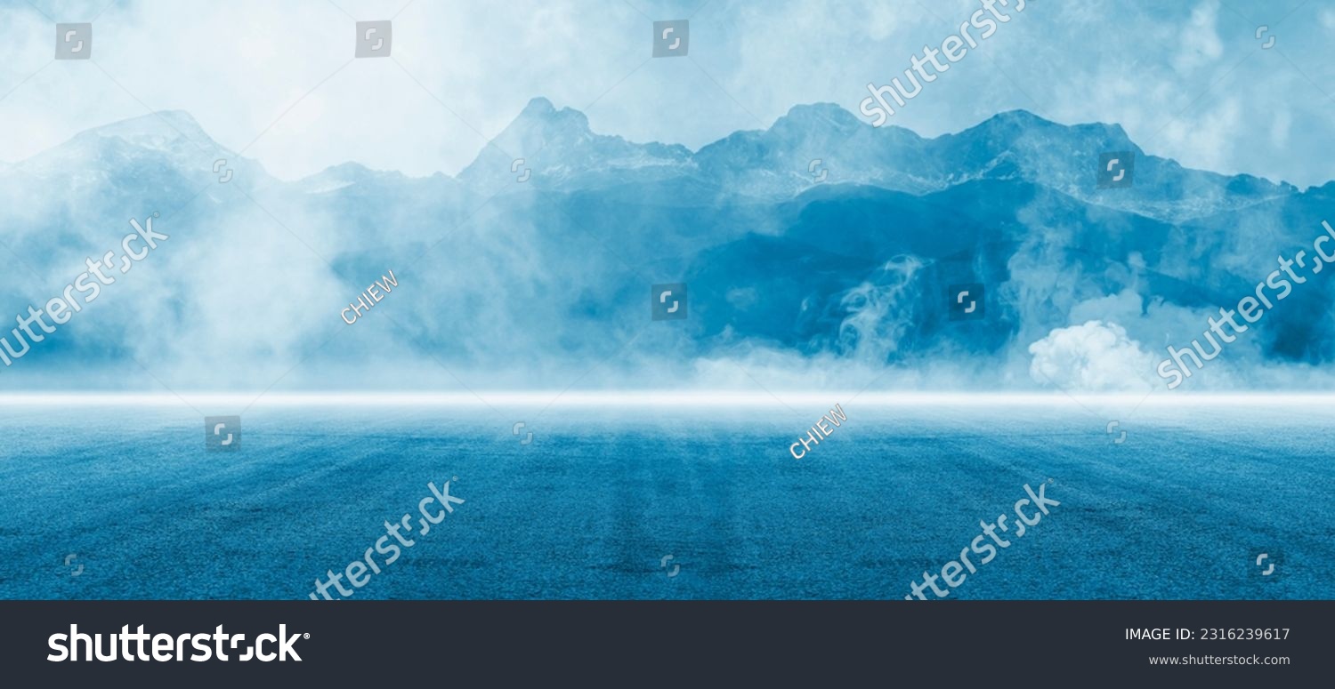 Dark street, asphalt abstract dark blue background, empty dark mountain range scene, with smoke mist cold white float up for display products #2316239617