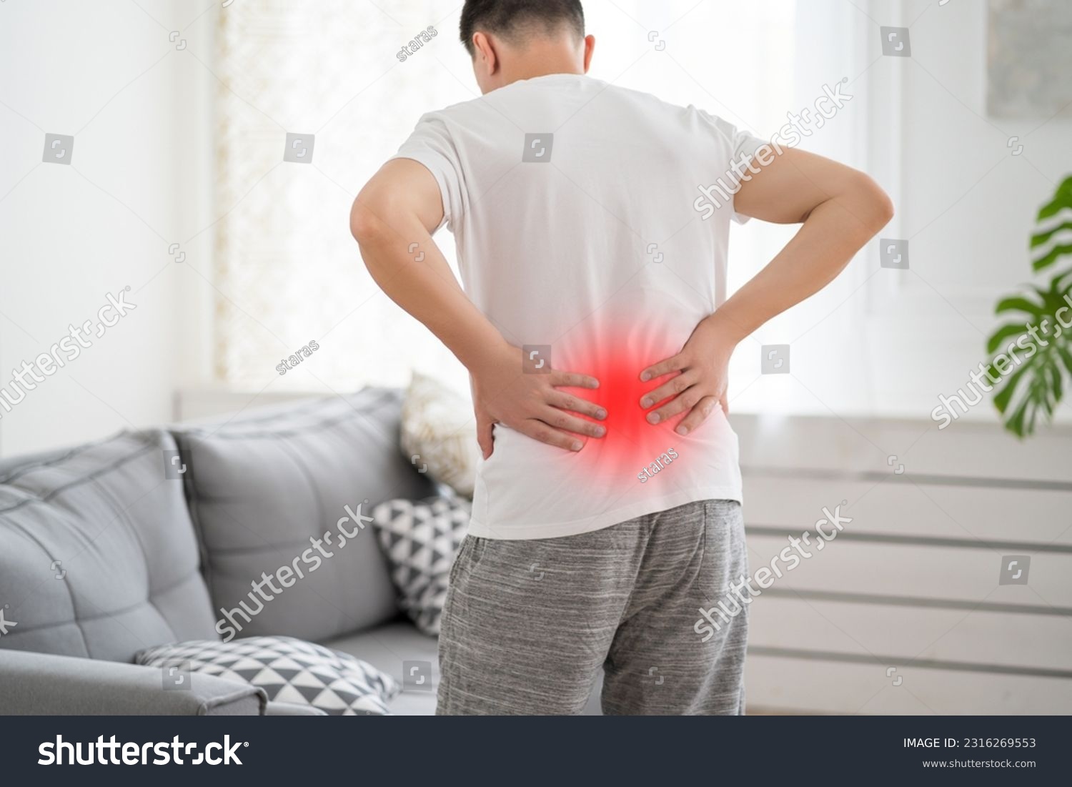 Back pain, kidney inflammation, man suffering from backache at home, health problems concept #2316269553