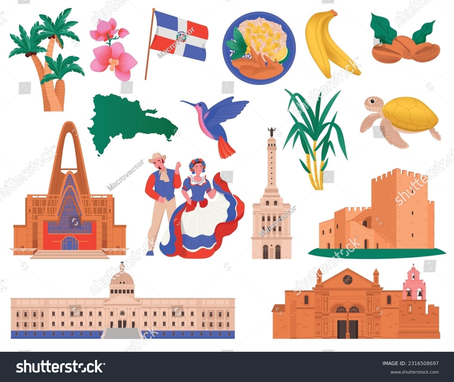 Dominican republic travel set with isolated front view icons of famous buildings sights food and nature vector illustration #2316508697