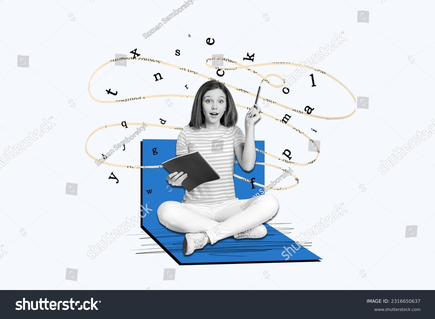 Creative collage of funny young teen girl writing essay genius idea inspiration doodle pencil poetry copybook isolated on white background #2316650637