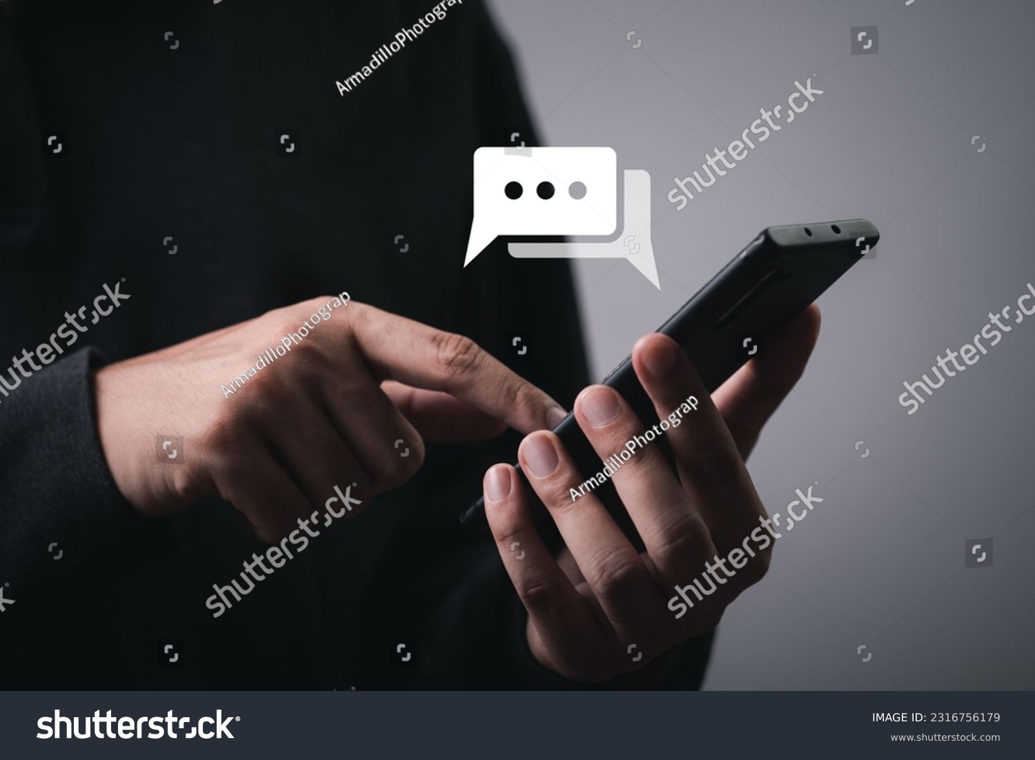 Man using smartphone typing Live chat chatting and social network concepts, chatting conversation working on mobile phone in chat box icons pop up. Social media marketing technology concept. #2316756179