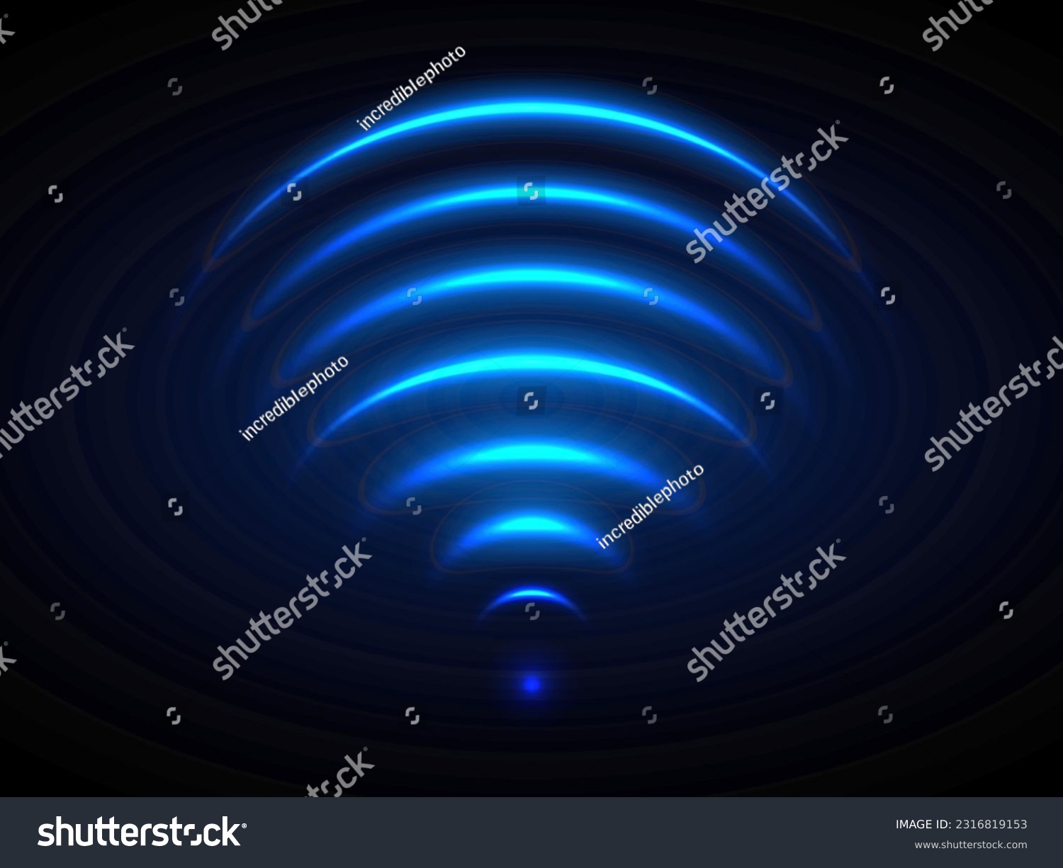 Wi-Fi light effect, Blue glowing signal sensor waves internet wireless connection. Wireless technology digital radar or sonar with glowing light effect. Vector #2316819153