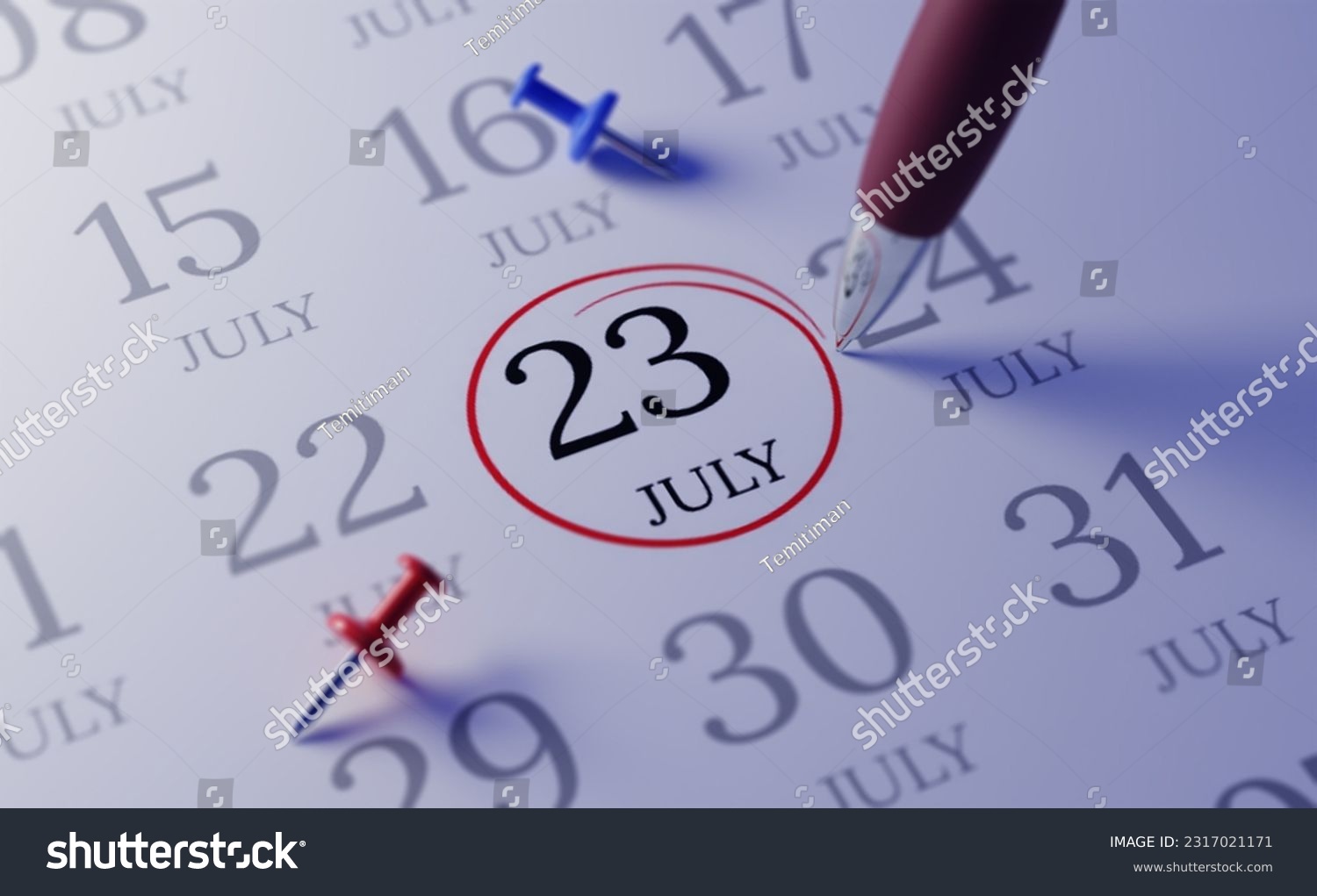 July 23rd.  Calendar date. close up a red circle is drawn on July 23rd to remember important events #2317021171