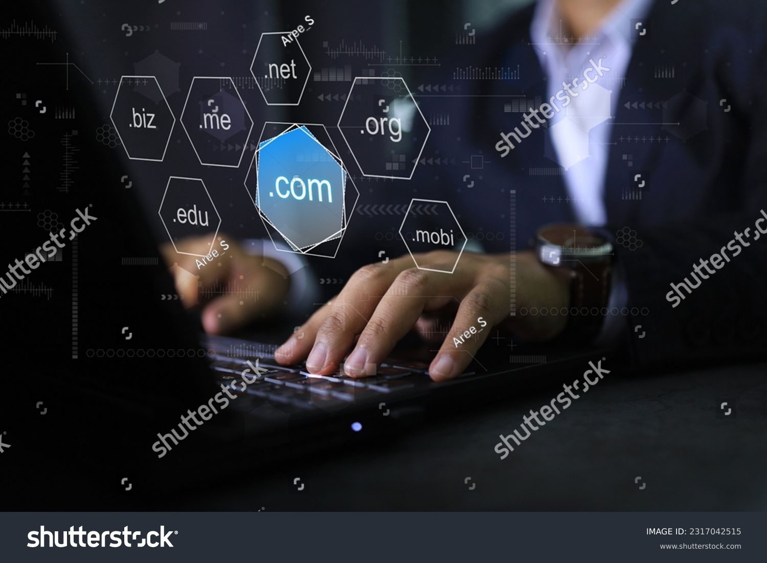 Businessman using laptop to choosen sub domain name dot com or .com to registeration the commercial website. #2317042515
