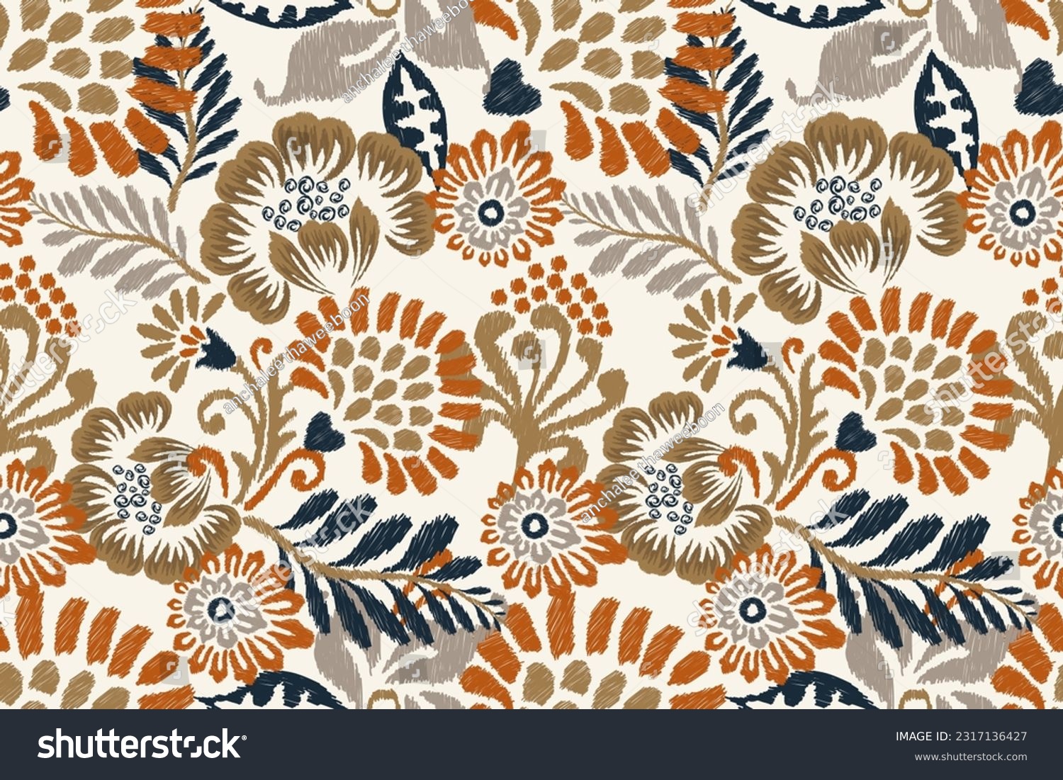 Ikat floral paisley embroidery on white background.Ikat ethnic oriental seamless pattern traditional.Aztec style abstract vector illustration.design for texture,fabric,clothing,wrapping,decoration. #2317136427