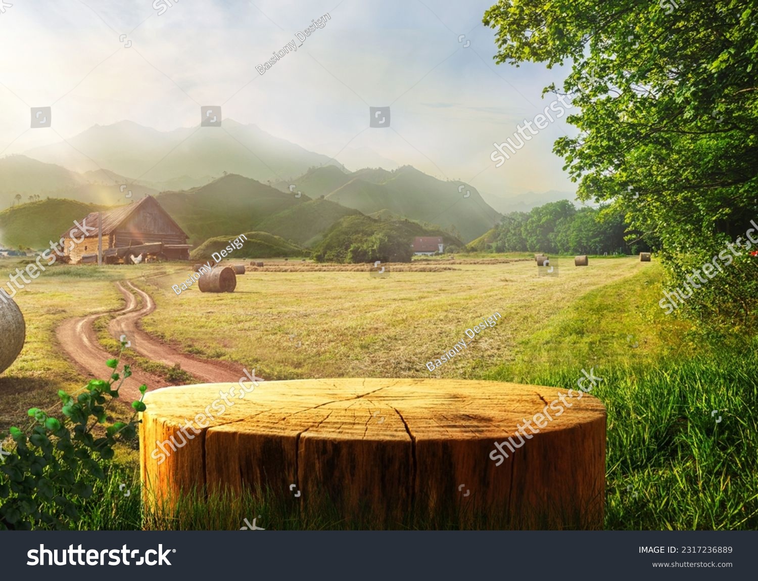 Tree Table wood Podium in farm display for food, perfume, and other products on nature background, Table in a farm with grass, trees, and Sunlight in the morning	
 #2317236889