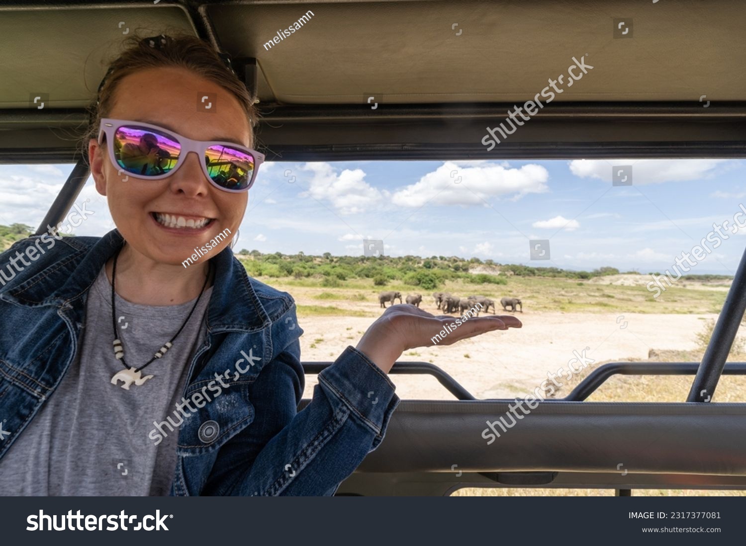 Forced perspective composition of a woman in a safari vehicle pretends to hold a herd of elephants #2317377081