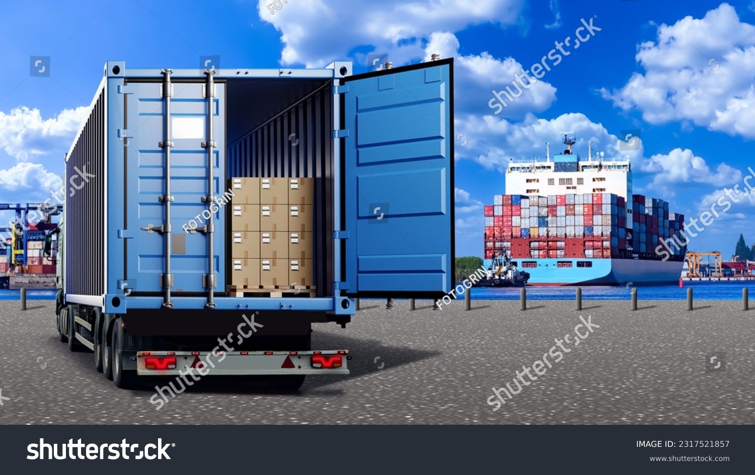Truck in harbor. Open container with boxes. Sea harbor. Place for unloading ships. Harbor on ocean. Port logistics. Truck with boxes. Cargo port in summer weather. Ship waiting for unloading in port #2317521857