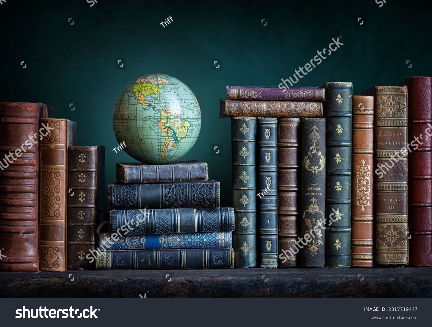 Old geographical globe and old book in cabinet with bookselfs. Science, education, travel background. History and geography team. Ancience, antique globe on the background of books. #2317719447