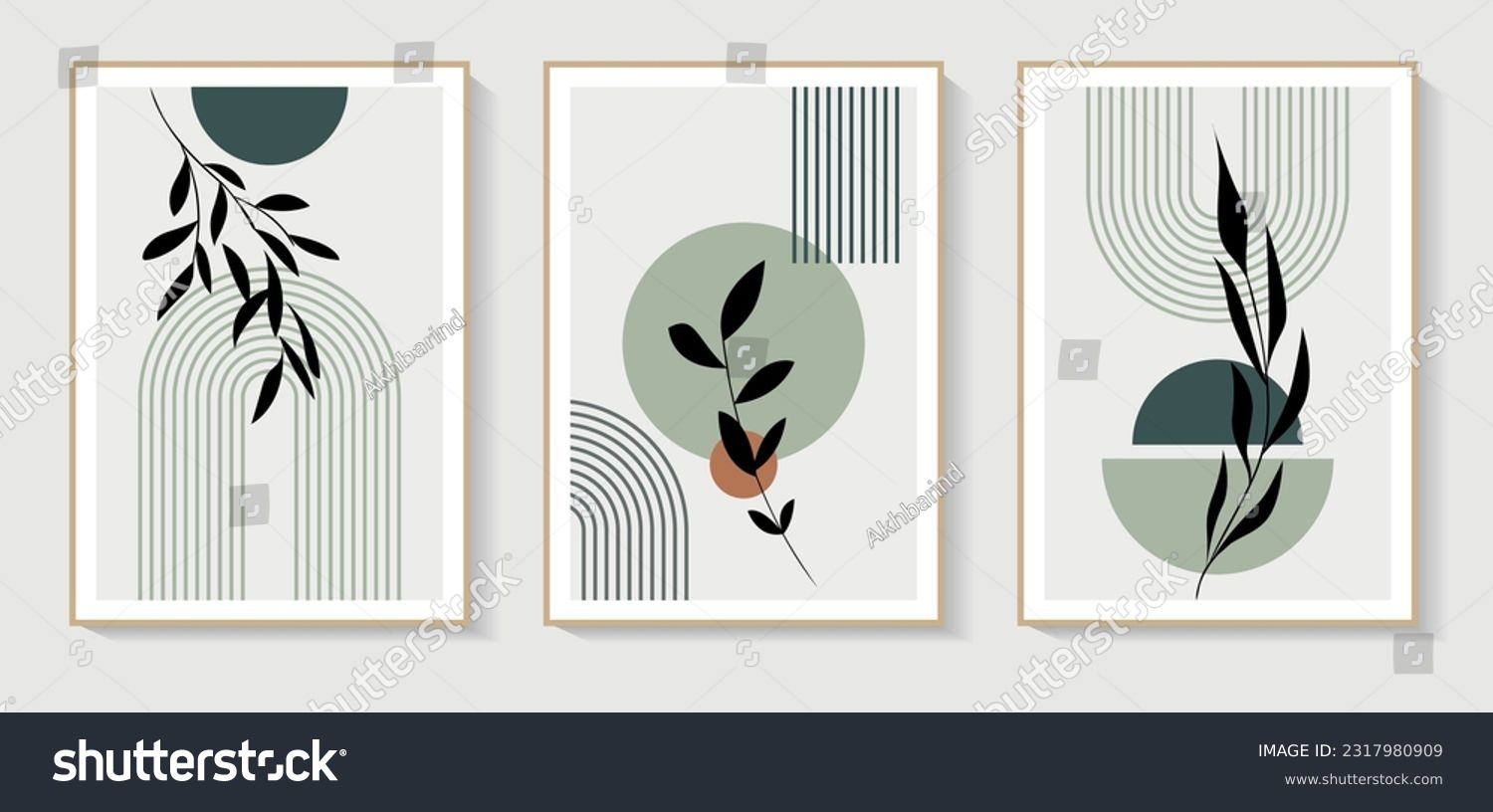 Set of 3 Minimalist wall art. Abstract geometric prints for boho aesthetic interior. Home decor wall prints, terracotta colors. Sun, rainbow and clay pots. Contemporary artistic printable vector #2317980909
