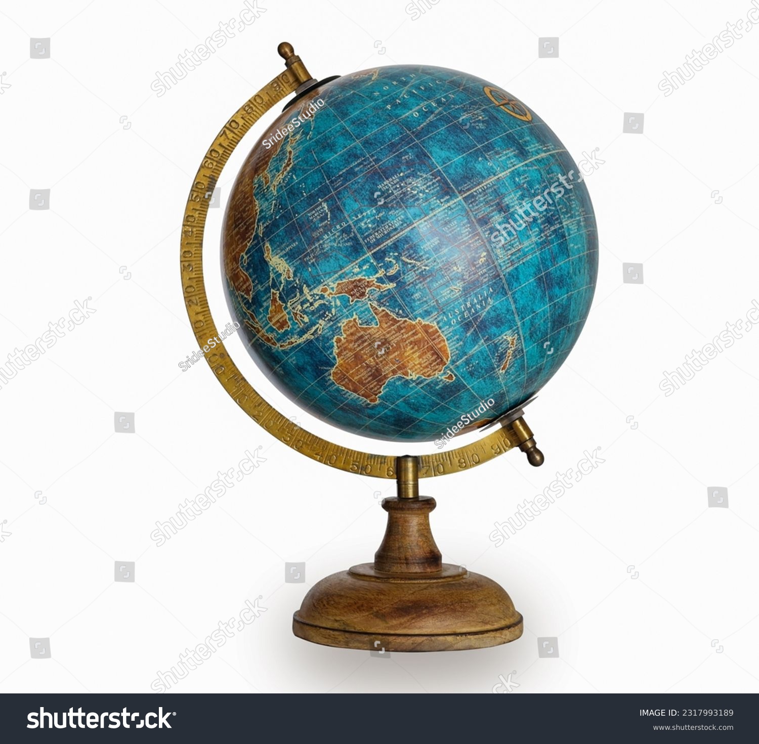Table world wooden Globe model in blue color isolated on white background. #2317993189